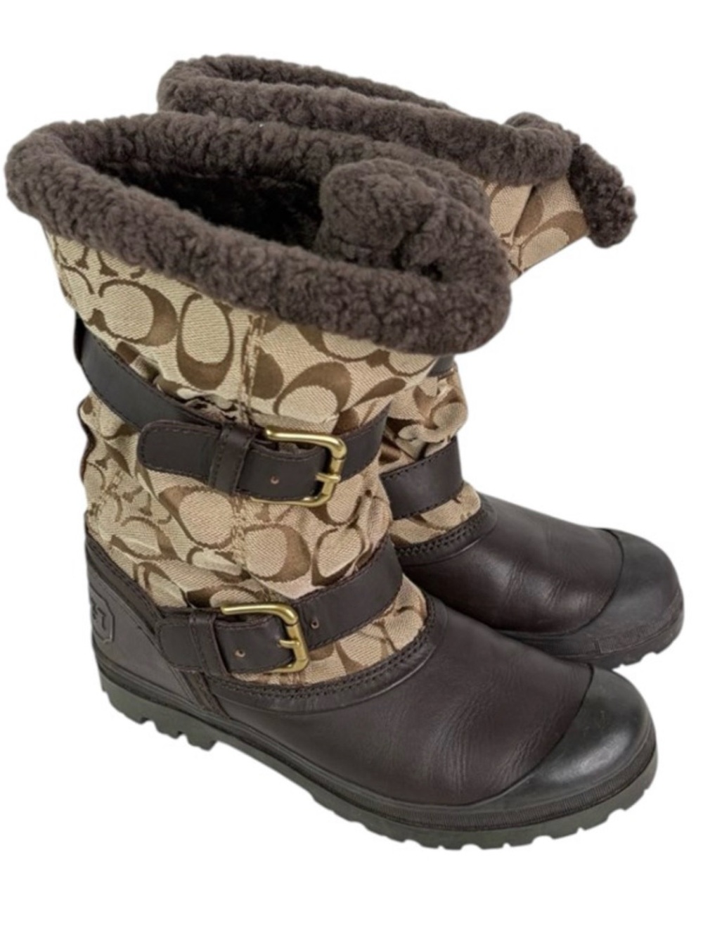 Coach Brown and Beige Signature Canvas Shearling Cuff Ankle Boots Mid Calf 6.5 B